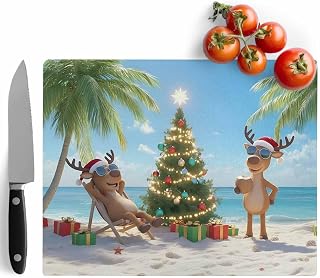 Cutting Board for Kitchen Funny Christmas Tree Reindeer Ocean Beach Dishwasher Safe Tempered Glass Cutting Boards Decorative Chopping Boards with Non Slip Feet for Counter Camping 11.2" x 15.4"