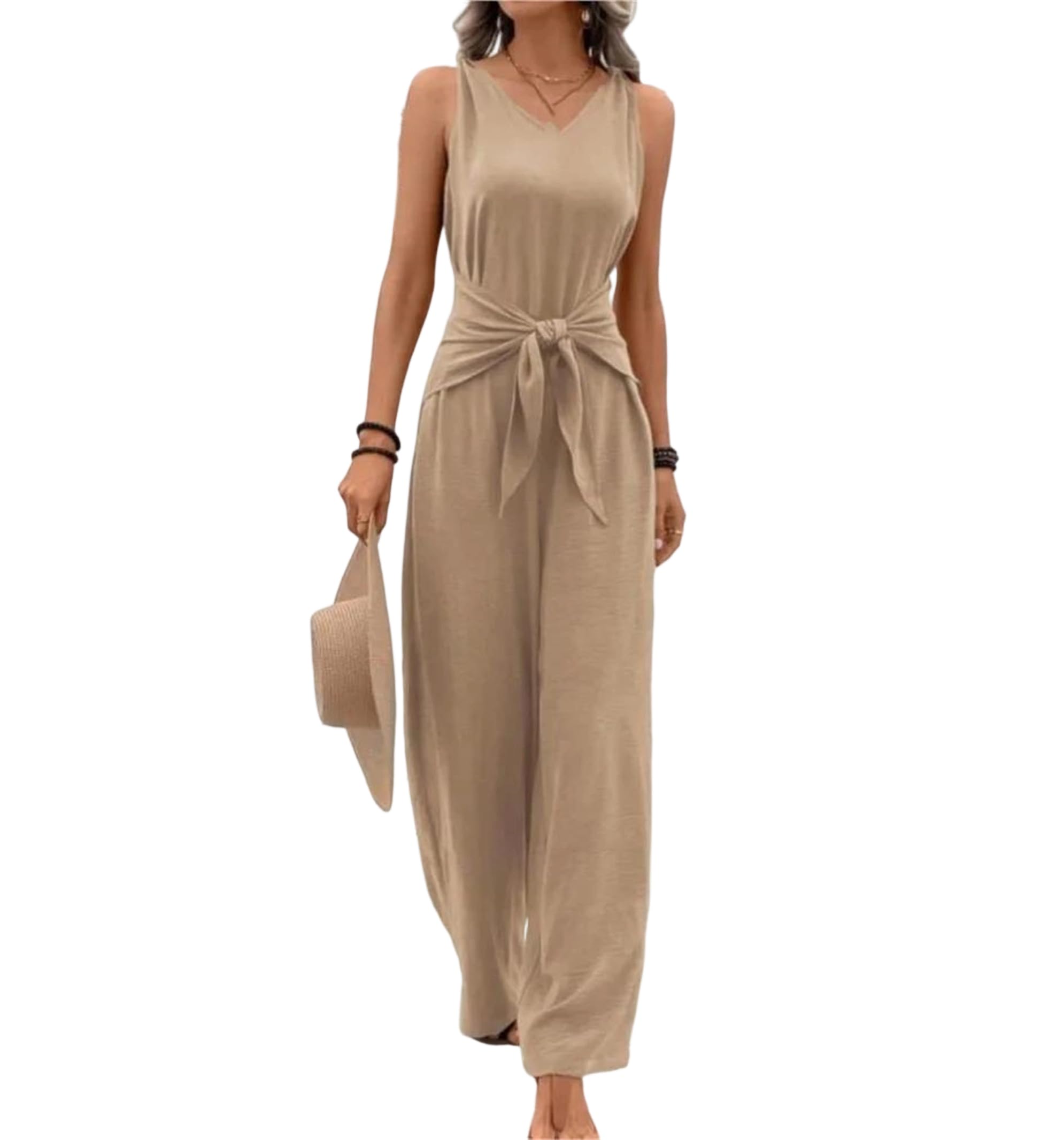 Yeuyyben Tuta da donna senza maniche con scollo a V e lacci, pantaloni a gamba larga, vestibilità ampia, casual, estivo, vacanze, spiaggia