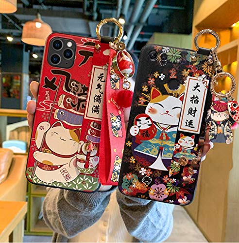Yvonnecy Compatible With Lucky Cat Iphone 11 Case With Lanyard, 6.1 Inch Cute Japanese Cat Design, Kawaii Glitter Luxury Soft Silicone 3D Emboss Phone Cover Case With Wrist Strap (Iphone 11, Black) #TOP2