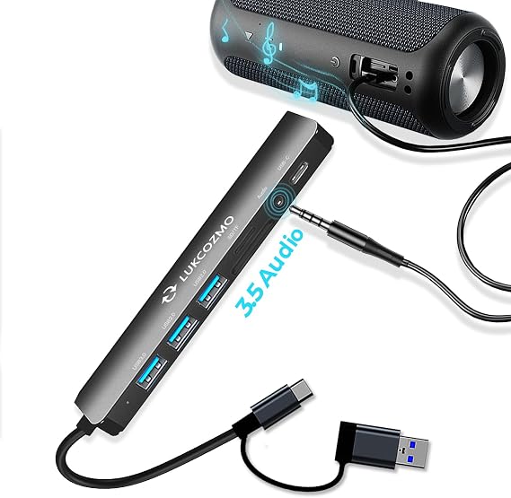 LUKCOZMO USB-C 8-in-1 Hub USB 3.0 SD/TF Audio Mac iPad Dell HP Phones Black