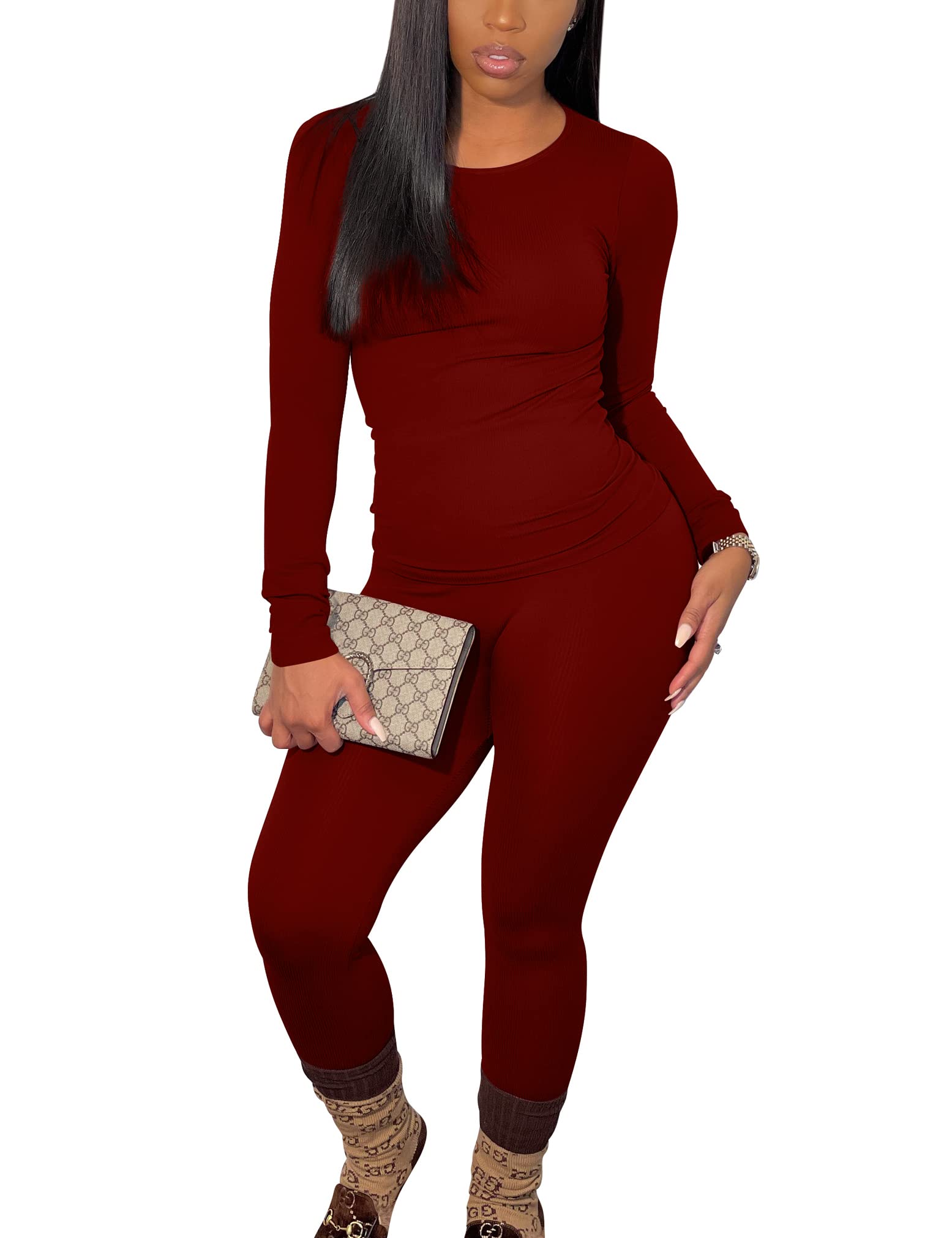 BORIFLORS Damskie 2-częściowe stroje treningowe z długim rękawem top jogger legginsy zestawy, czerwony (wine red), L