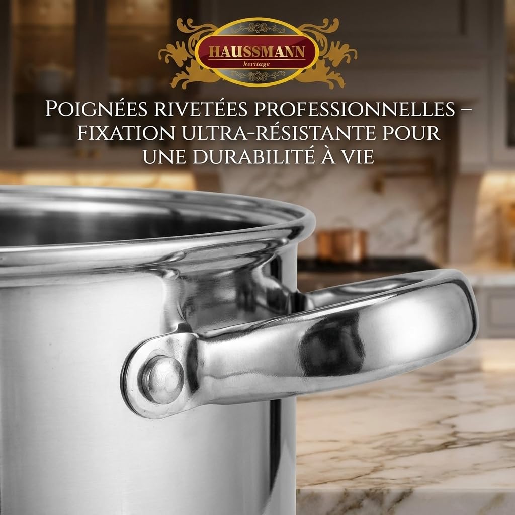 HAUSSMANN HERITAGE - Couscoussier Inox 14L (Ø 26cm) - Faitout 3 Pièces avec Panier Vapeur et Semoule - Triple Fond Induction et Lave-Vaisselle - Sans PFOA - Couvercle en Verre