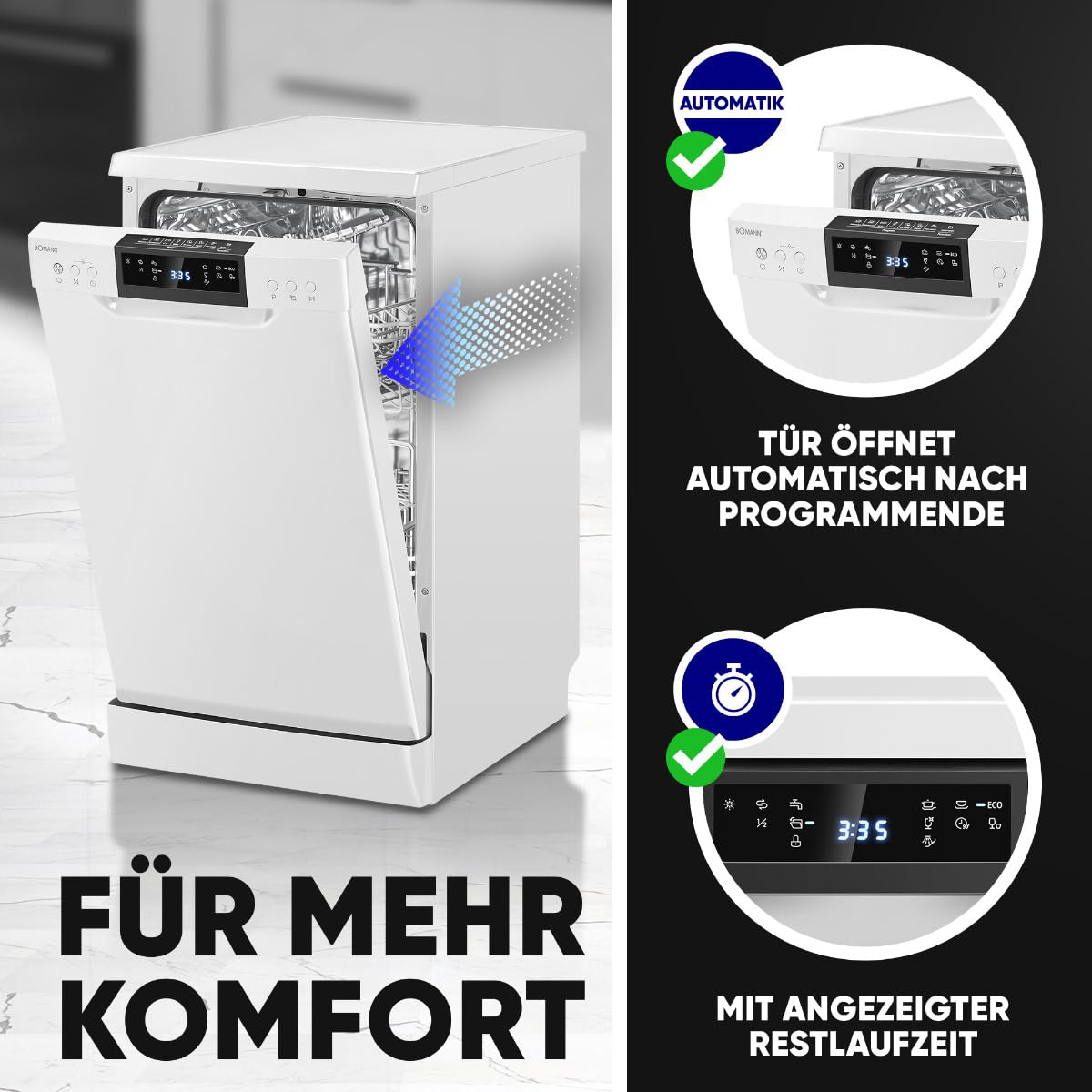 Bomann GSP 7418 Geschirrspüler 45 cm 10 Maßgedecke Stand Unterbau LED-Display weiß