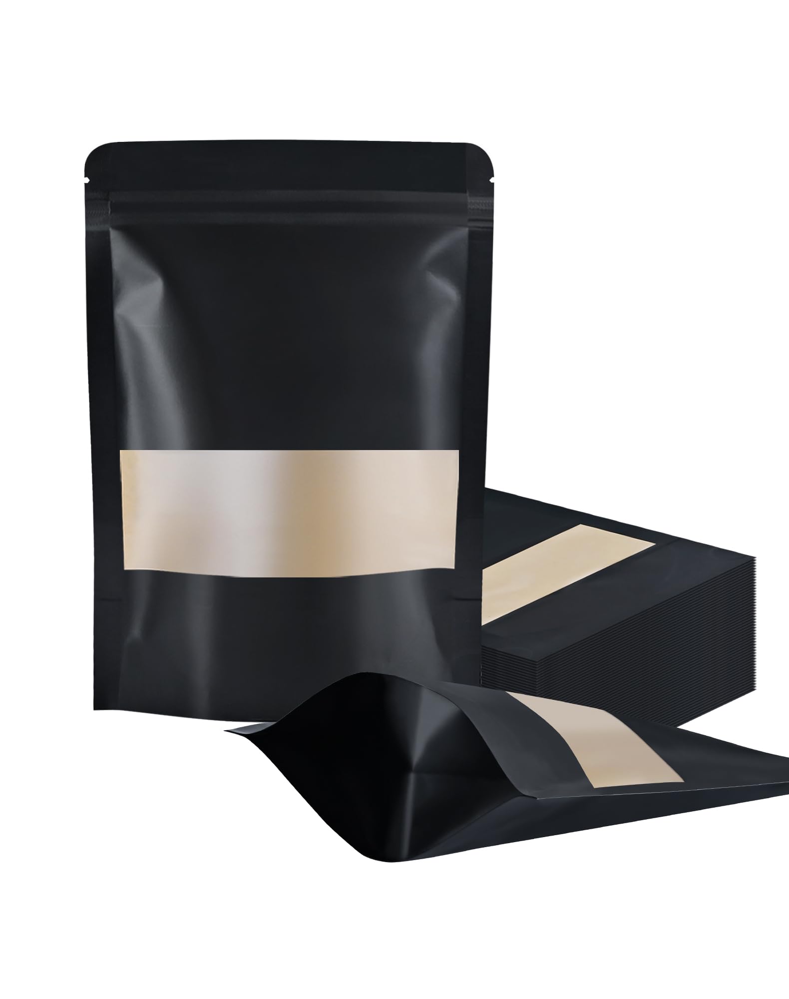 FireKylin 100 Pcs Resealable bags,5.9"x 8.6" Stand Up Black Paper Bags with Matte Window, Zipper Food Storage Bags for Packaging Products, Reusable,