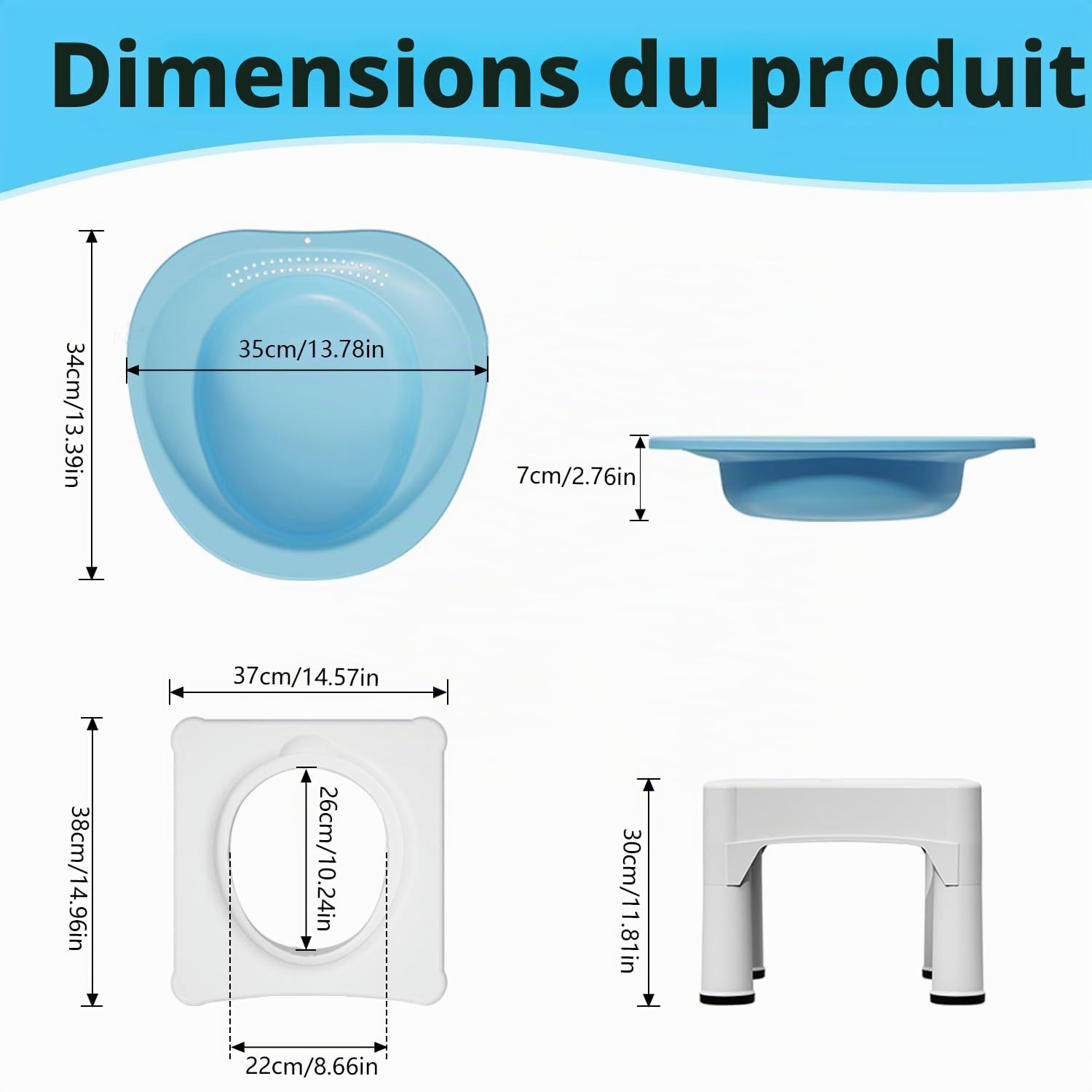 Baignoire assise, portable avec tabouret intégré, tabouret de bain sans tabouret, bain d'assise amovible avec fonction rinçage, convient pour le traitement des hémorroïdes, les soins postnataux et les