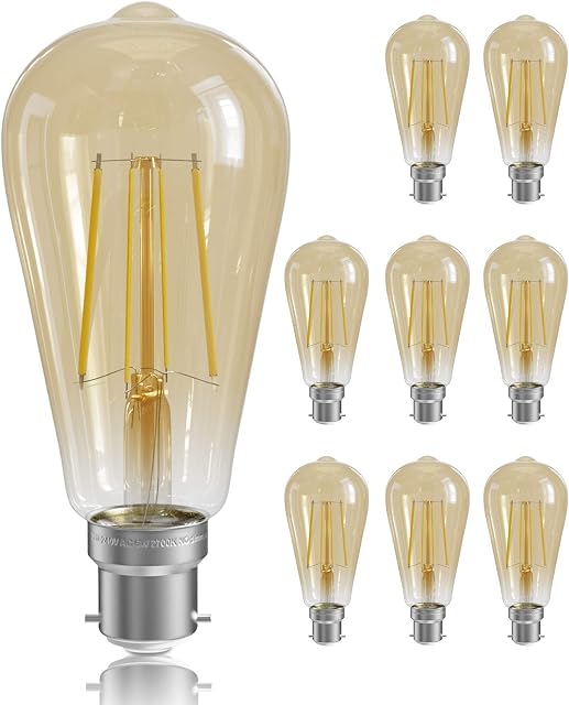 QNINE 8-Pack Bayonet Light Bulb, 6W (60W Equivalent), 600lm, Warm White 2700K, LED Filament Bulb, Non-Dimmable