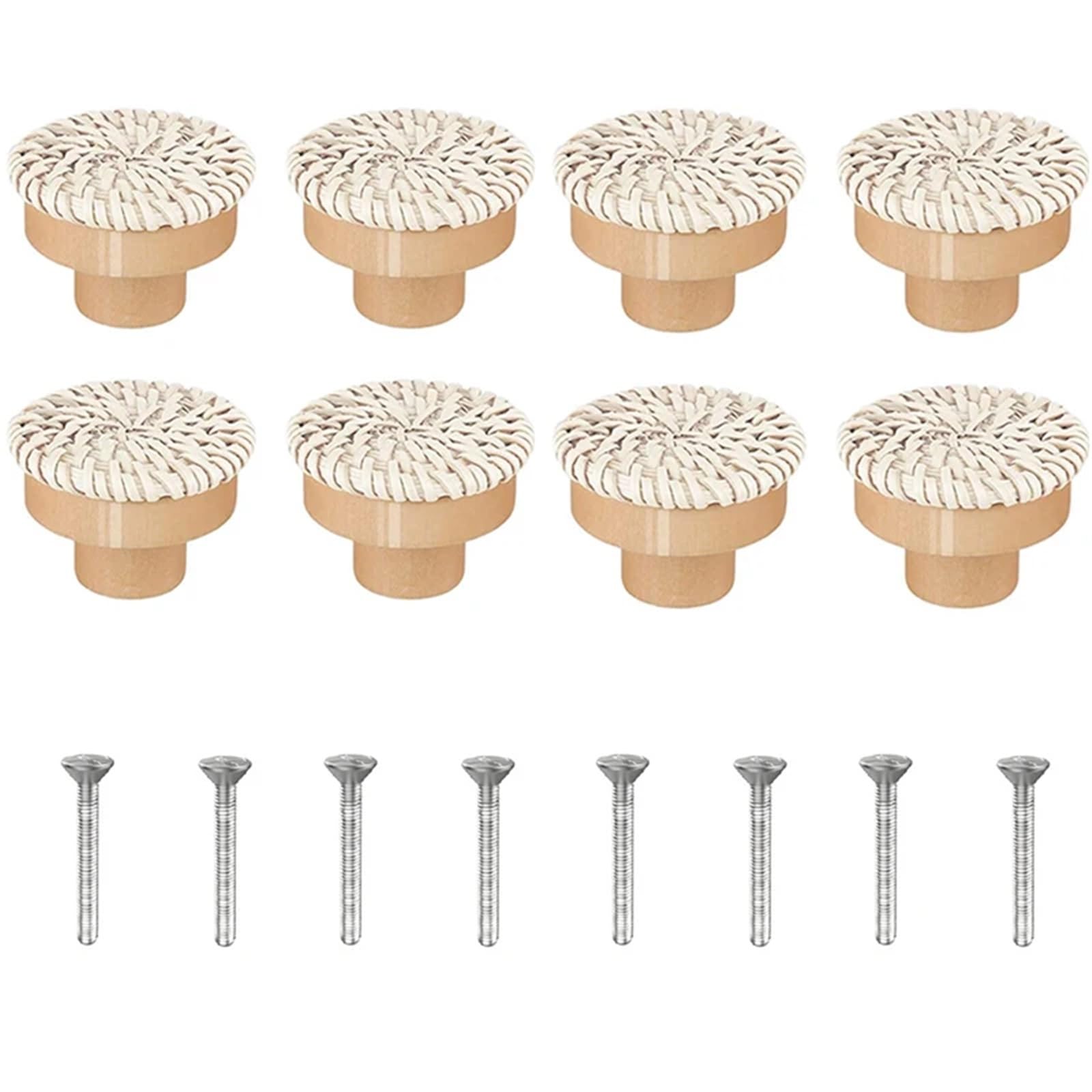 LSNNMU 8Pcs Rattan Dresser Knobs Round Wooden Drawer Handmade Wicker Woven and Screws for Furniture for Home(White-8pack)