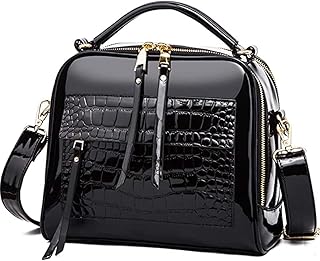 ZiMing Women Handbag PU Bright Leather Crossbody Bag Crocodile Pattern ladies Shoulder Bag with Adjustable Shoulder Strap-Black