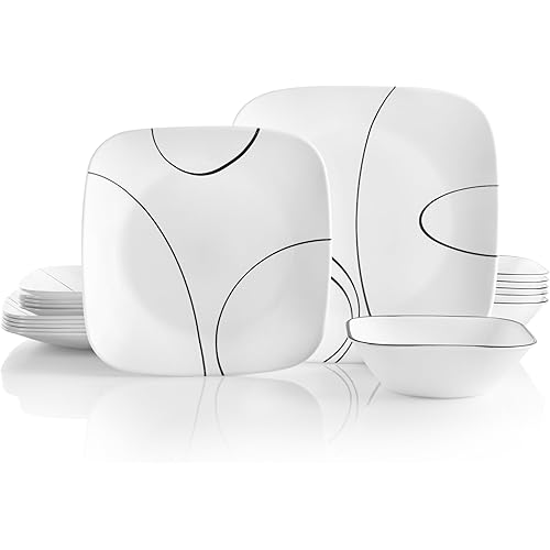 Corelle 18-Piece Service for 6 Dinnerware Set Triple Layer Glass and Chip Resistant, Lightweight Square Plates and Bowls Set, Simple Lines