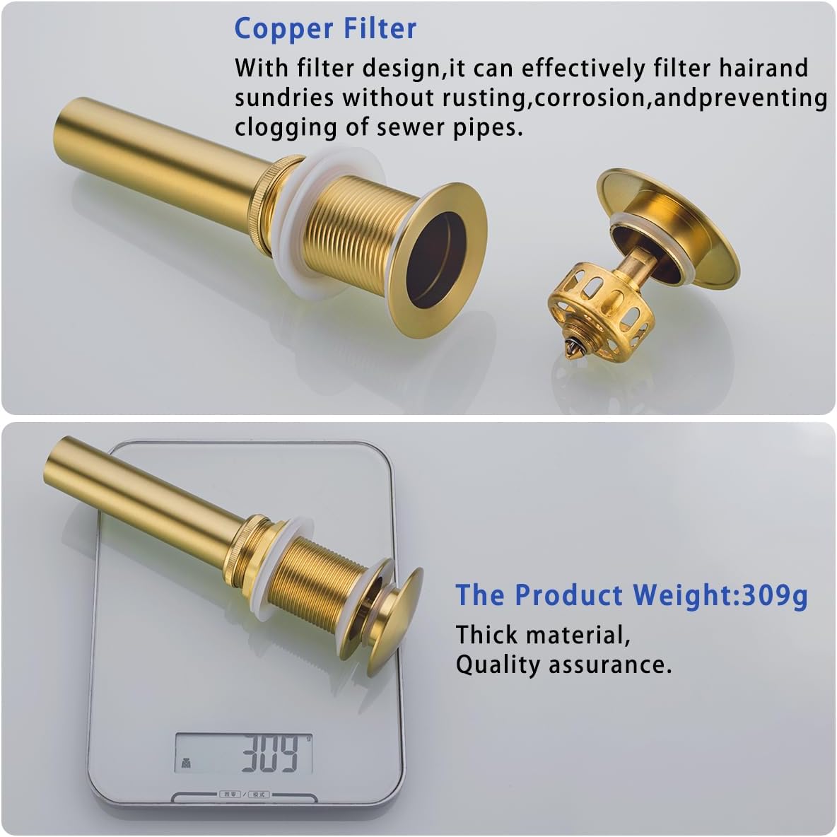 Bathroom Sink Drain Without Overflow Vessel Sink Lavatory Vanity Pop Up Drain Stopper Brushed Dark Gold, All Metal Rustproof Brass and 304 Stainless Steel,83606BDG.