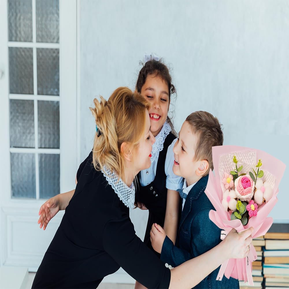Crochet Rose Flower Bouquet: Handmade Rose Artificial Flowers for Festival Wedding Graduation Anniversary Birthday Home Decor (Pink) thumbnail