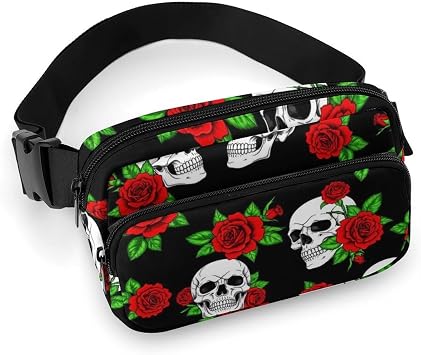Travel Hiking Running Fanny Belt Bag Red Rose Skull Waist Pack Crossbody Bags Bum Bag with Pockets