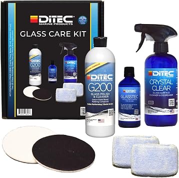 DITEC Marine Glass Care Kit - Professional 5-Piece All-in-One System - Removes Hard Water Spots & Salt - Nano-Hydrophobic Rain Repellent Coating - Complete Glass Restoration for Boats & Yachts