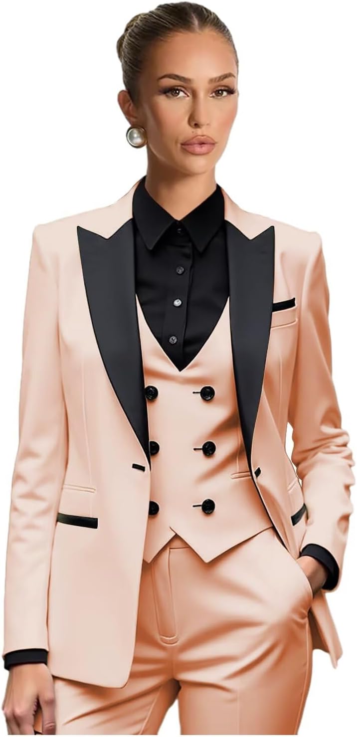 Business Suits for Women 3 Piece Double Breasted Womens Suit Formal Work Peak Lapel Pant Suits for Women