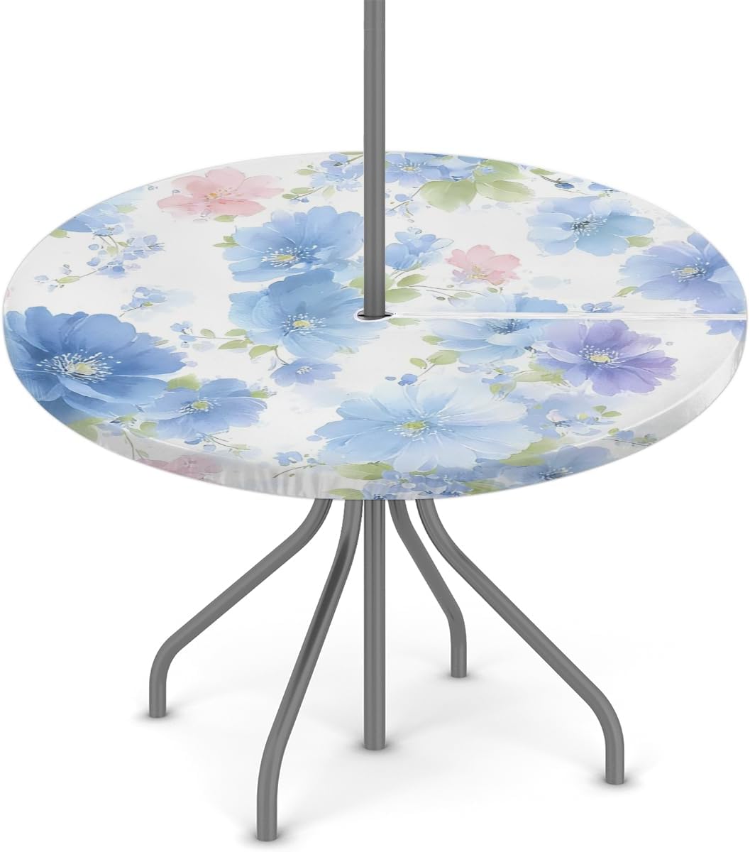 Romantic Flowers Outdoor Round Fitted Tablecloth with Umbrella Hole and Zipper, 36"-44" Elastic Patio Table Cloth Oil-Proof Waterproof Patio Table Cover for Picnic Party Camping