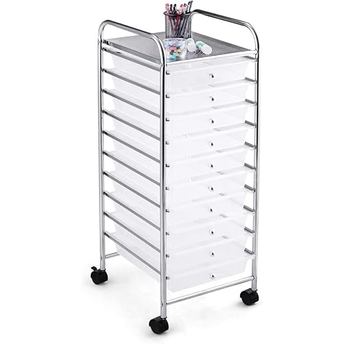 RELAX4LIFE Storage Cart W/10 Drawers,Rolling Wheels Semi-Transparent Multipurpose Mobile Cart for School, Office, Home, Beauty Salon Files Arrangement Storage Organizer Cart (Clear)