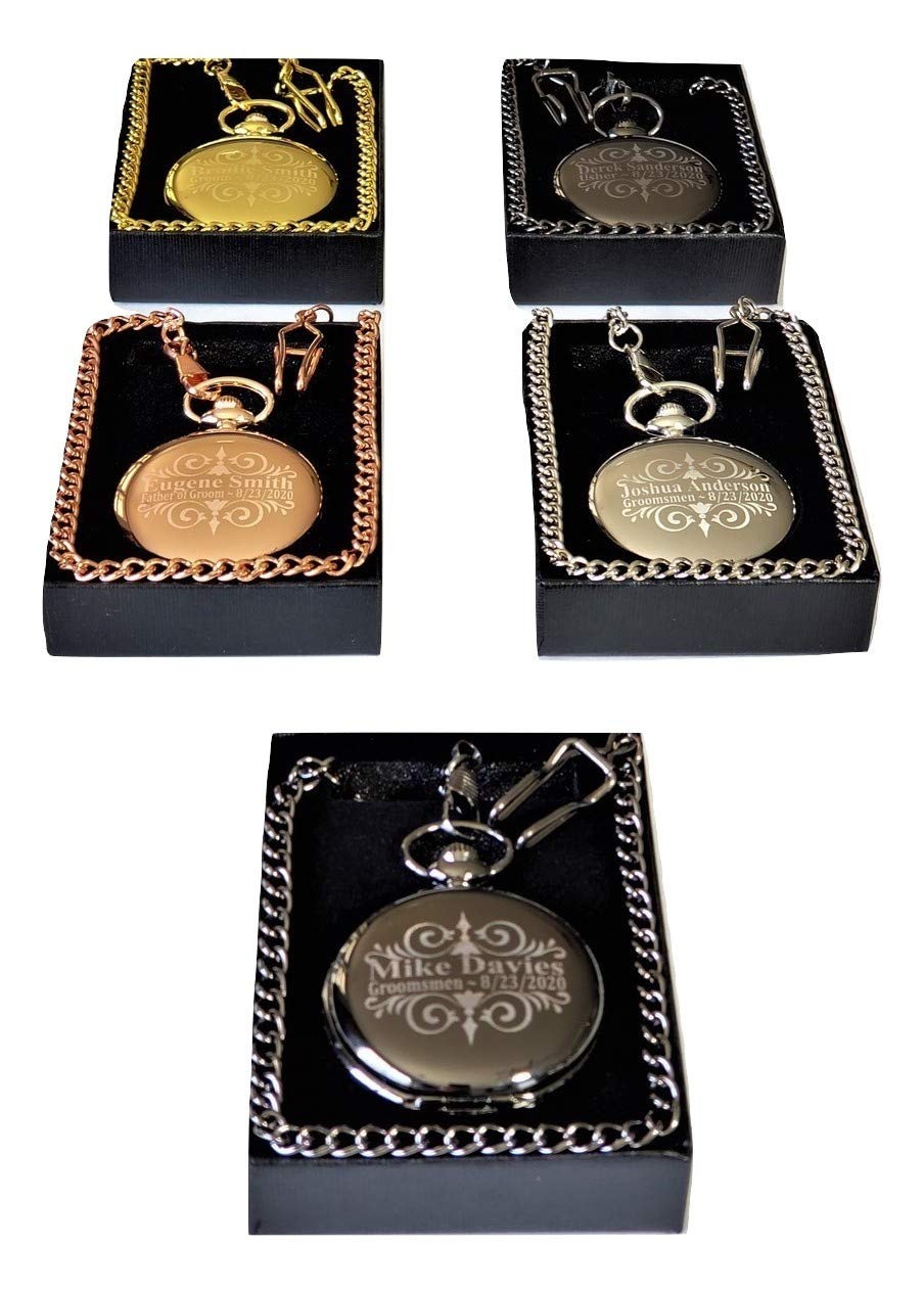 ETERNITY 2 Wedding Pocket Watches for Men or Women, Customized and Personalized Set of 2 with Included Engraving, Box and Chain. (Gold)