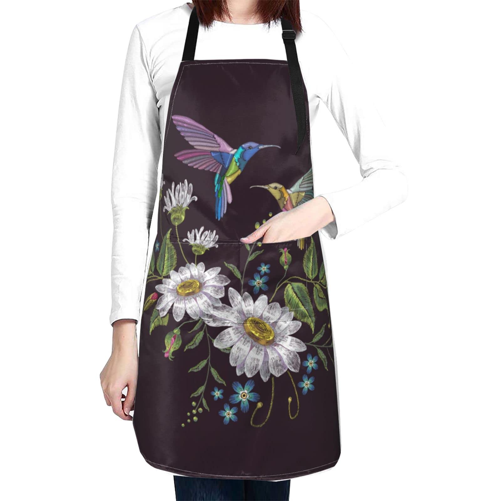 Perinsto Hummingbird Birds Flowers Waterproof Apron With 2 Pockets Kitchen Chef Aprons Bibs For Grooming Cooking Baking Painting Gardening