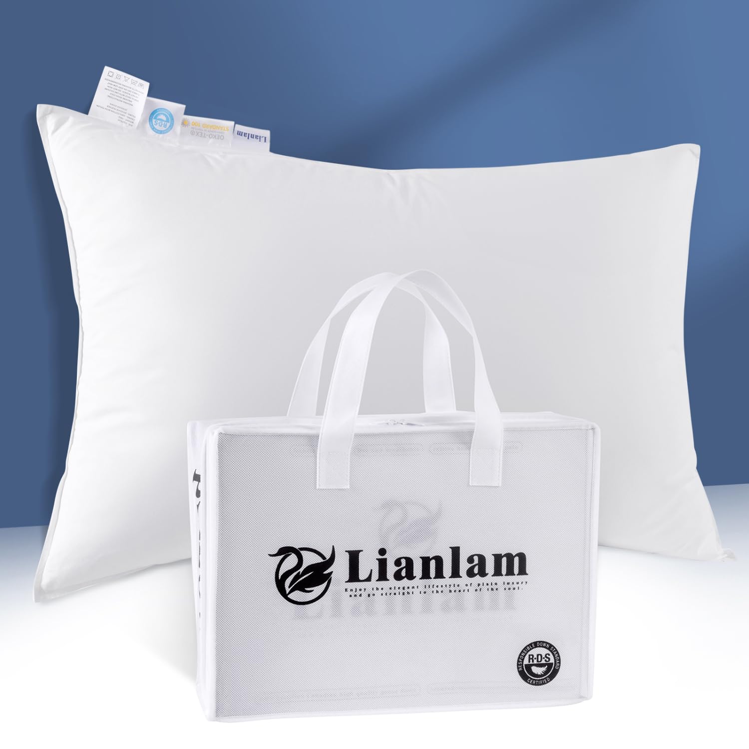 White Goose Down Pillow - 1050 Fill Power 800 Thread Count Cotton Shell Pillow for Neck Pain Relief