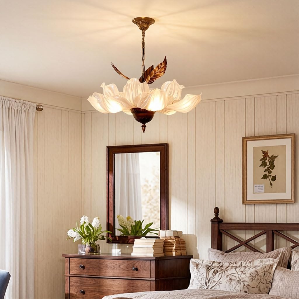 Wintage żyrandol kwiatowy lampa wisząca z satynowego akrylu lampa sufitowa z retro metalowymi liśćmi wiejska lampa kwiatowa dla domu wiejskiego jadalni sypialni