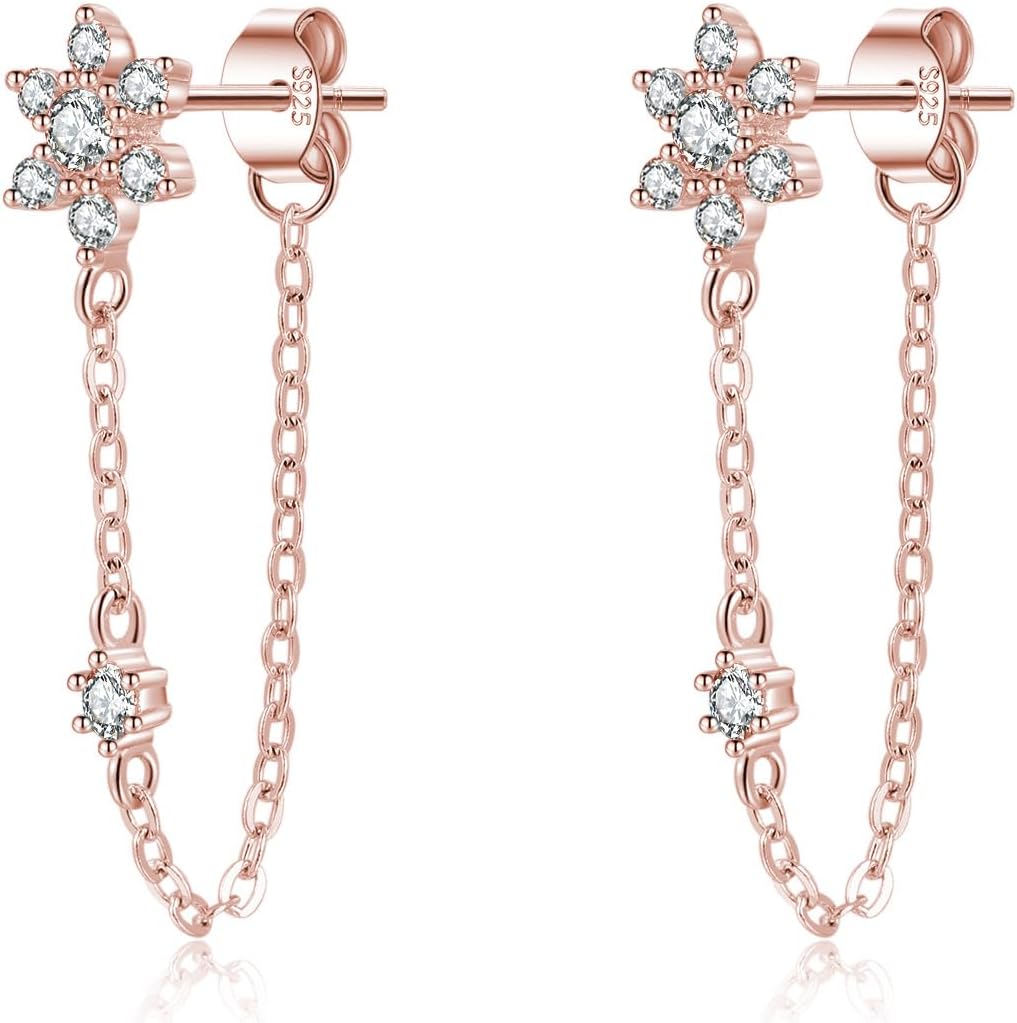 SLUYNZ Sterling Silver CZ Flower Dangle Earrings Chain for Women Teen Girls Flower Drop Earrings Studs