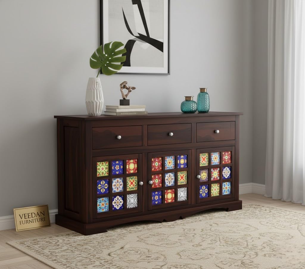Solid Sheesham Wood Sideboard Cabinet with 3 Drawer & 6 Shelves - Chest of Drawers Wooden Drawer Storage Cabinet for Bedroom Living Room Storage (Design 6)-image-37