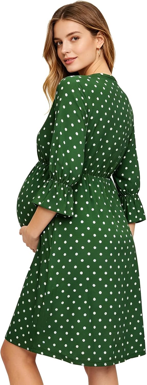 FEESHOW Polka Dot Maternity Dress Nursing Gown Boho Style Summer Nightdress Cute Printed Sundress for Office