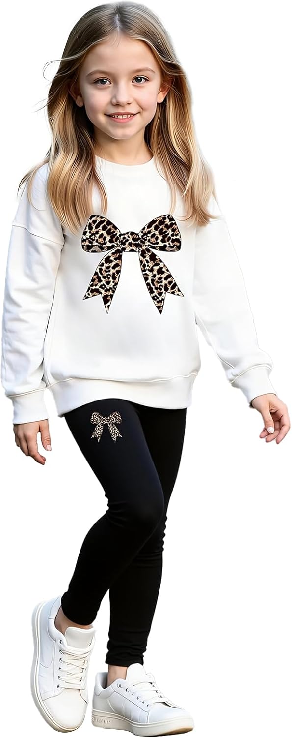 Girls Long Sleeve Sweatshirt 2 Piece, Bow Graphic Top and Pants Spring Fall Fashion Casual Clothes.