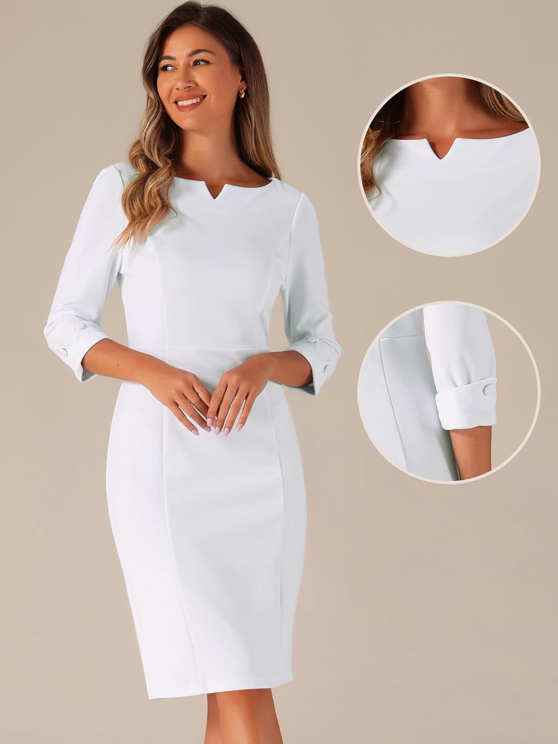 Allegra K Work Dress for Women 3/4 Sleeve Boat Neck Back Slit Sheath 2026 Professional Bodycon Business Casual Dresses