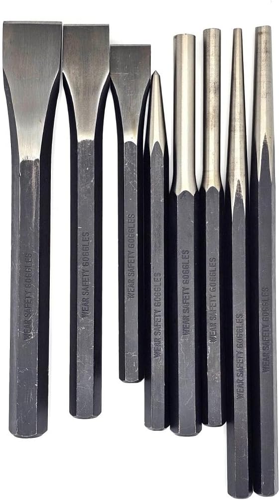8 PC HEAVY-DUTY JUMBO LARGE MECHANIC'S STEEL METAL PUNCH & CHISEL PIN TOOL SET NEW