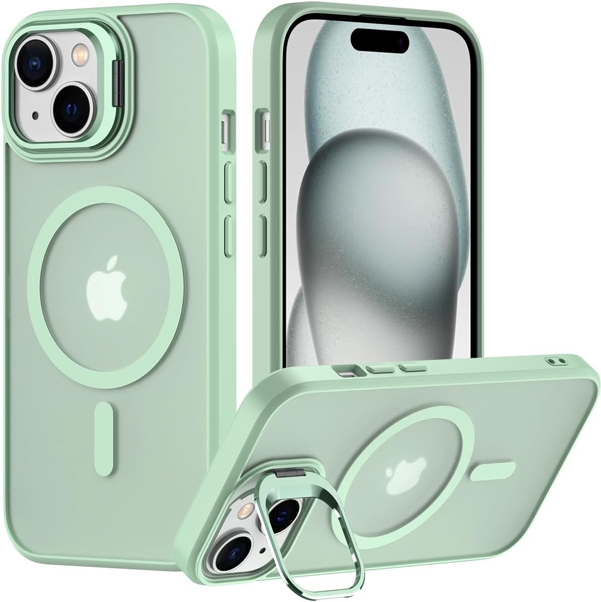 Nvollnoe for iPhone 15 Case Compatible with MagSafe Military Grade Shockproof Heavy Duty Protective Adjustable Kickstand Matte Semi Clear Phone Case for iPhone 15(Mint)