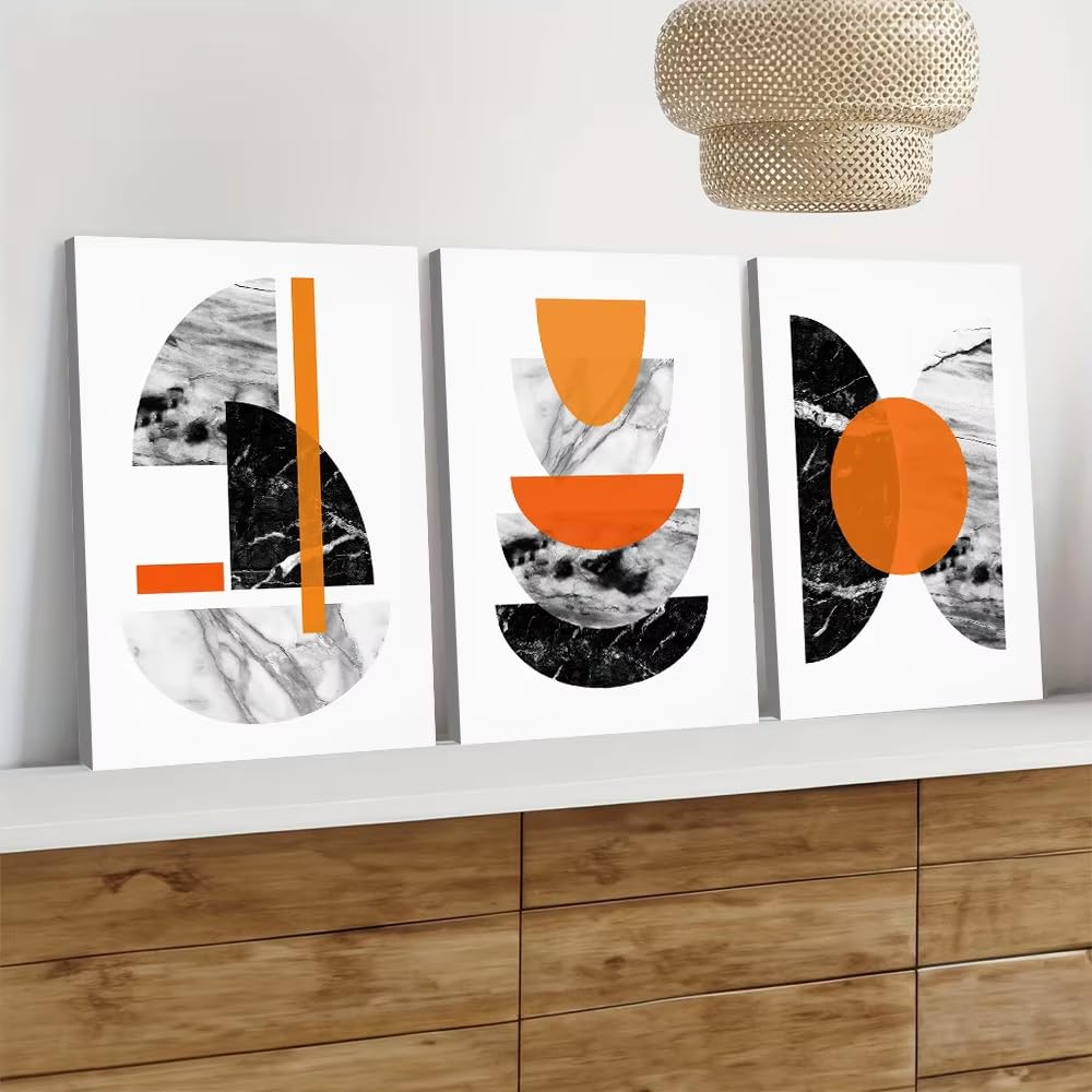 DFZEWKI modern minimalist abstract geometric canvas decorative paintings with black orange lines for Living Room Home Decor(30x40cm(12x16in) x3/No frame)