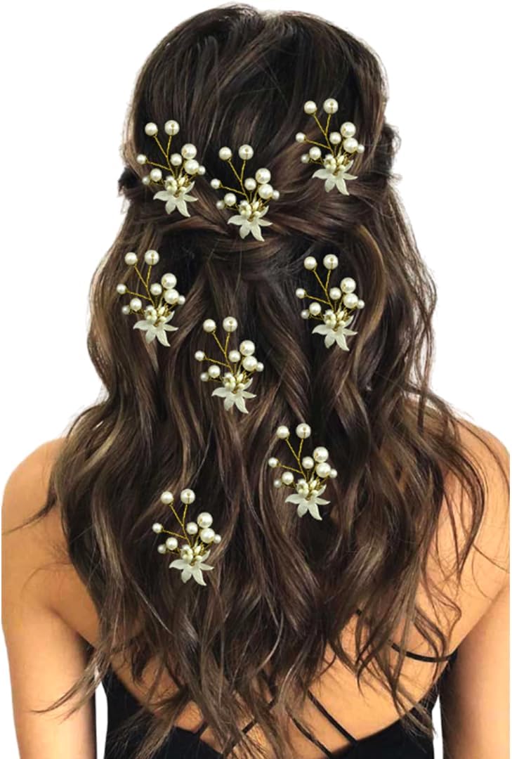 Hair Flare 2207 Pearl Artificial Bridal Wedding/ hair flower accessories For Women's/ gajra / Juda Pin/Juda Bun/Hair Clip/ artificial flowers For hair / - Pack Of 8, White And Golden