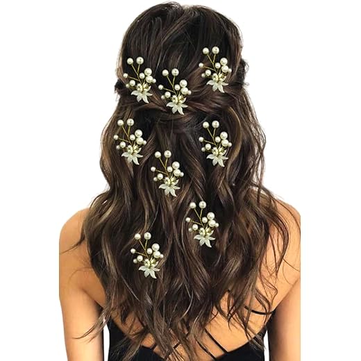 Hair Flare 2207 Pearl Artificial Bridal Wedding/ hair flower accessories For Women's/ gajra / Juda Pin/Juda Bun/Hair Clip/ artificial flowers For hair / - Pack Of 8, White And Golden