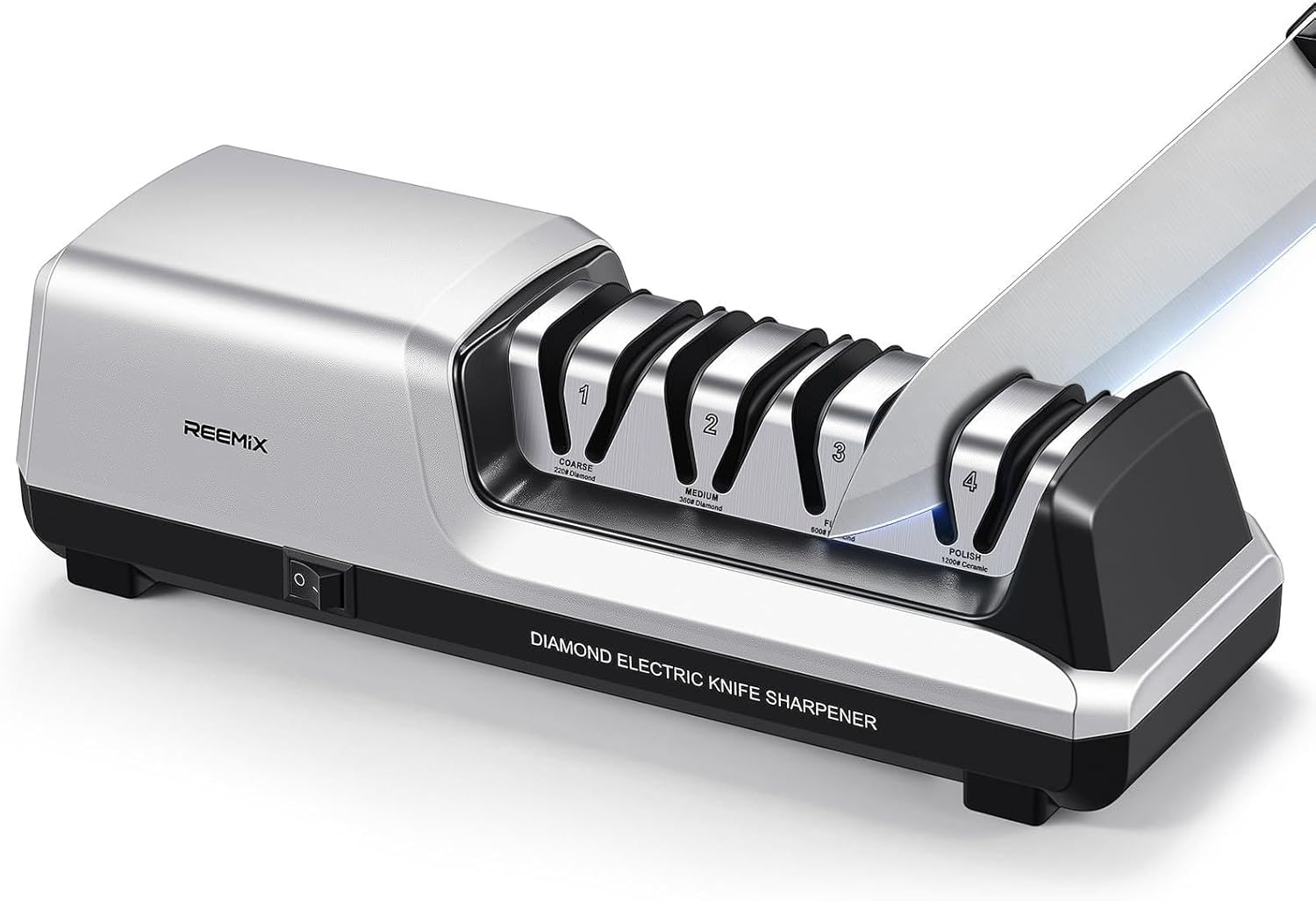 Reemix Electric Knife Sharpener with 4-Stage Sharpening (Repair, Coarse, Medium, Fine & Polish), 20° Fixed Angle, Non-Slip Base & Metal Shavings Collector for Kitchen Knives (Sliver)
