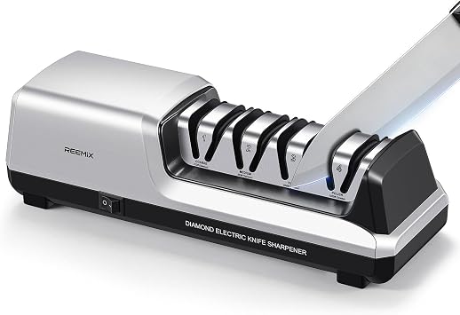Reemix Electric Knife Sharpener with 4-Stage Sharpening Repair, Coarse, Medium, Fine & Polish, 20 Fixed Angle, Non-Slip Base & Metal Shavings Collector for Kitchen Knives Sliver