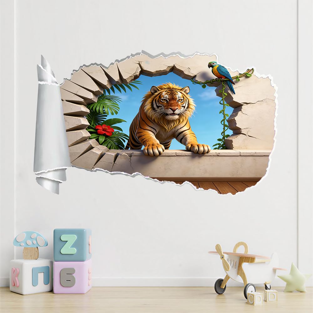 Pegatinas de decoración de pared 3D Tigre Pegatinas De Pared Calcomanías Murales De Pared Rotas 3D Loro De Flores Vinilo De Pared Arte Hogar Decoración De Pared