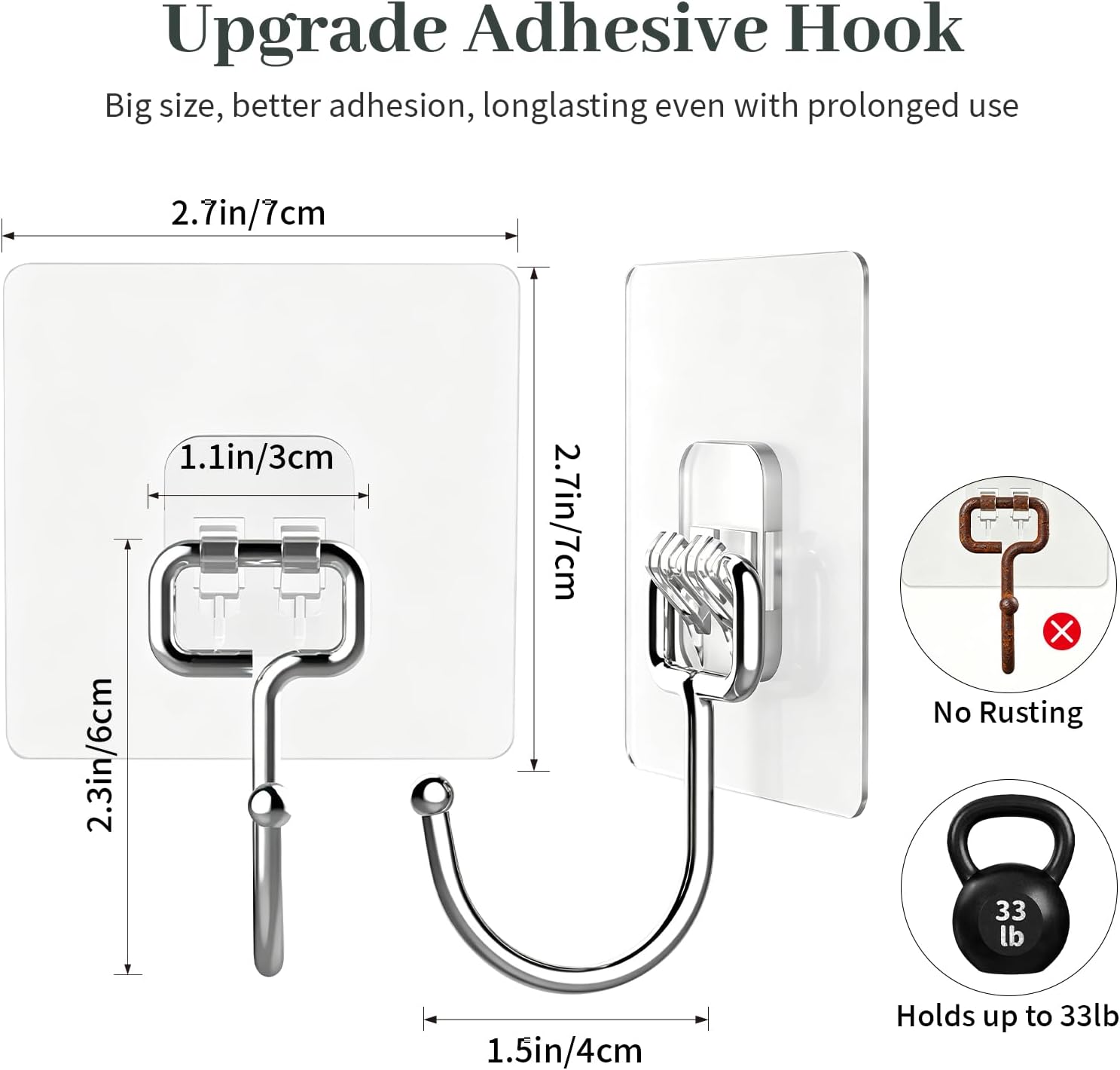 Large Adhesive Hooks for Hanging Heavy Duty, 33LB, No Drill, 10 Pack image 4