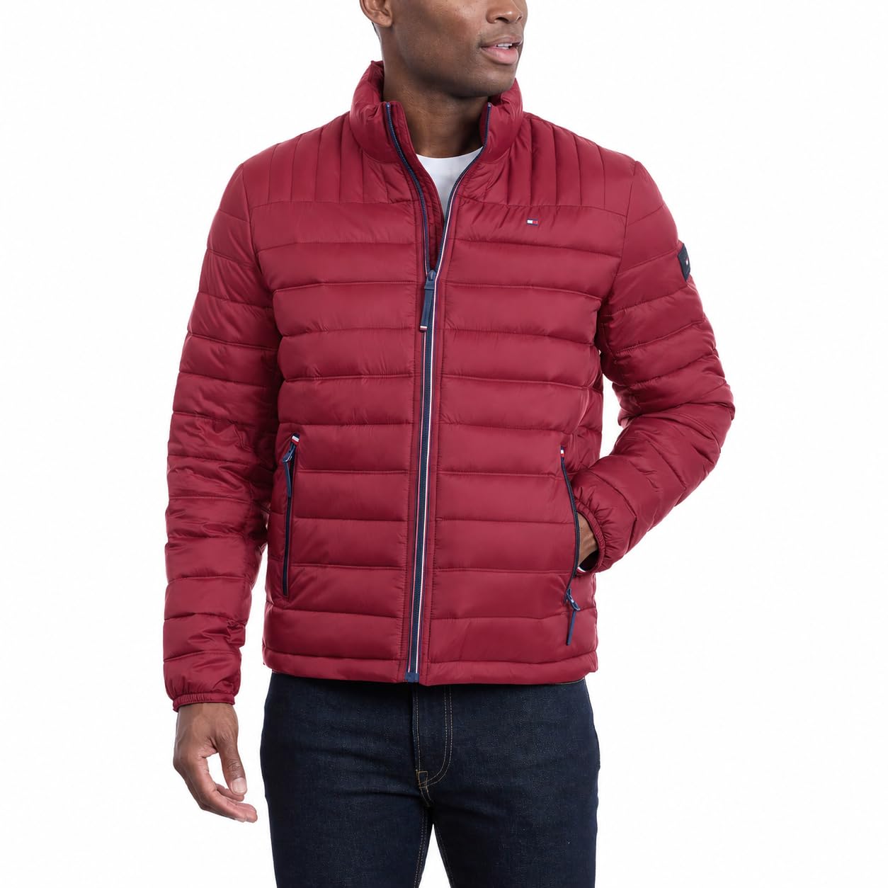 Tommy Hilfiger Men's Red Lightweight Down Alternative Packable Puffer Jacket Coat, M
