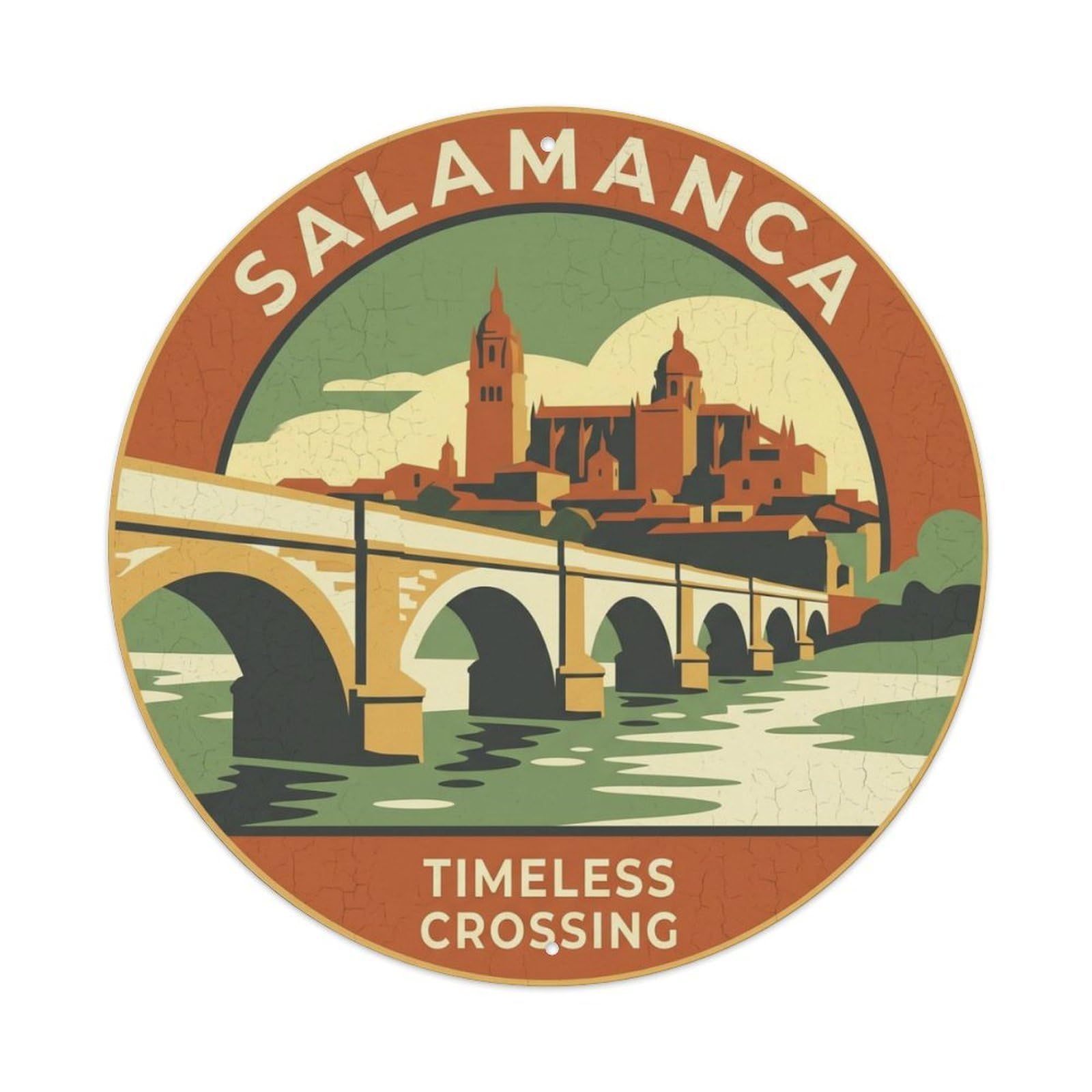 Fqcyn Style Vintage Travel Salamanca Bridge Tormes Metal Tin Sign Plaque Wall Decor For Cafe, Club Bar, Office, Home Garden Round Metal Poster 8X8inch