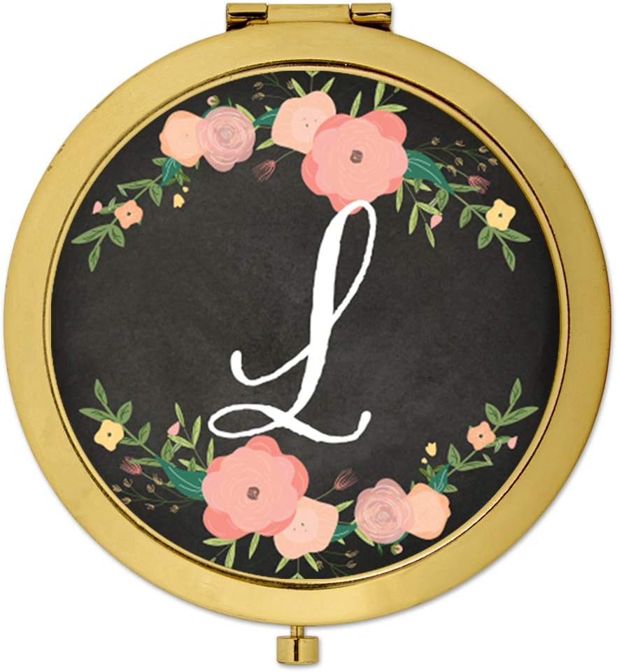 Andaz Press Personalized Gold Compact Mirror Bridesmaid's Wedding Gift, Pink Peach Florals on Chalkboard, Custom Name, 1-Pack, Bespoke Bachelorette Bridal Shower Wedding Party Gifts