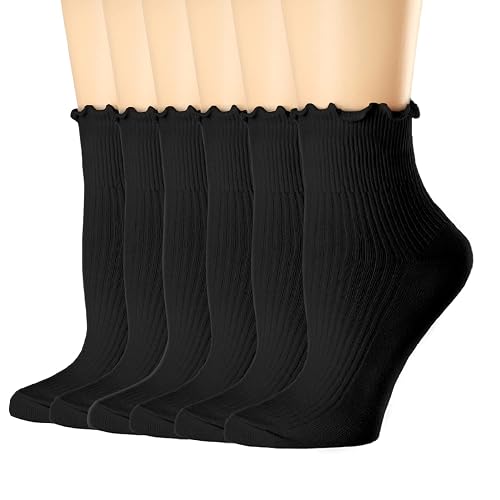 Mcool Mary Womens Ruffle Socks, Cute Ankle Winter Warm Knit Cotton Frilly Sock 6 Pack - 5-9 - Black
