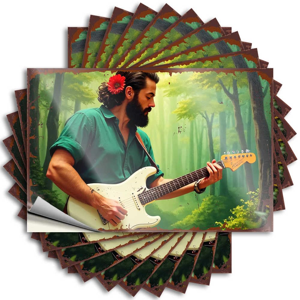 Cottage Core Decorations Hat Lettering Sticker | Man Playing Guitar in Enchanted Forest Happy Durable Vinyl Sticker Easy Apply for Comfort(8X12CM)