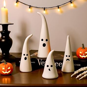 Halloween Decor Ceramic Ghost 4 pcs Cute Halloween Decorations Indoor, Rustic Witch Hat Shape Ghost Figurine, Farmhouse Table Desk Tiered Tray Mantel Fireplace Decor for Kids Home Office