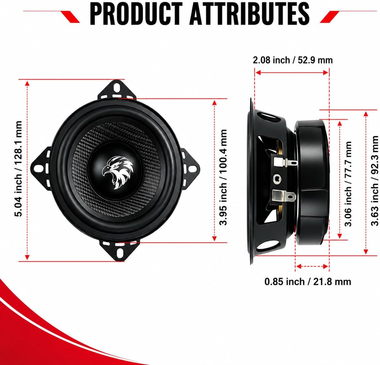 4 Inch Car Speakers, 600W Peak 4 Ohm Mid Bass Speaker Pair, Carbon Fiber Cone 4 Inch Speakers Car Audio Replacement, High Sensitivity Door Dash Truck Motorcycle Audio Speakers, 2 Pack