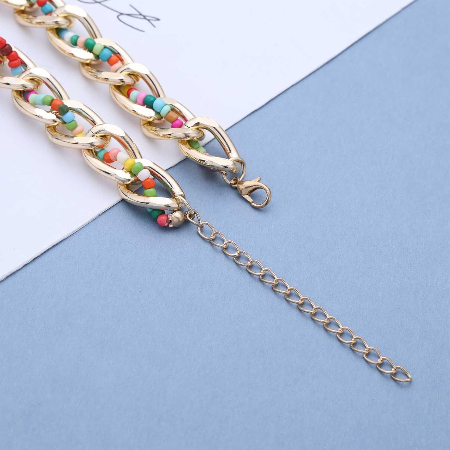 Andelaisi Punk Cuban Curb Choker Necklace Vintage Gold Thick Chain Necklace Green Beads Chunky Chain Necklace Boho Curb Link Chain Necklace Jewelry for Women - Image 6