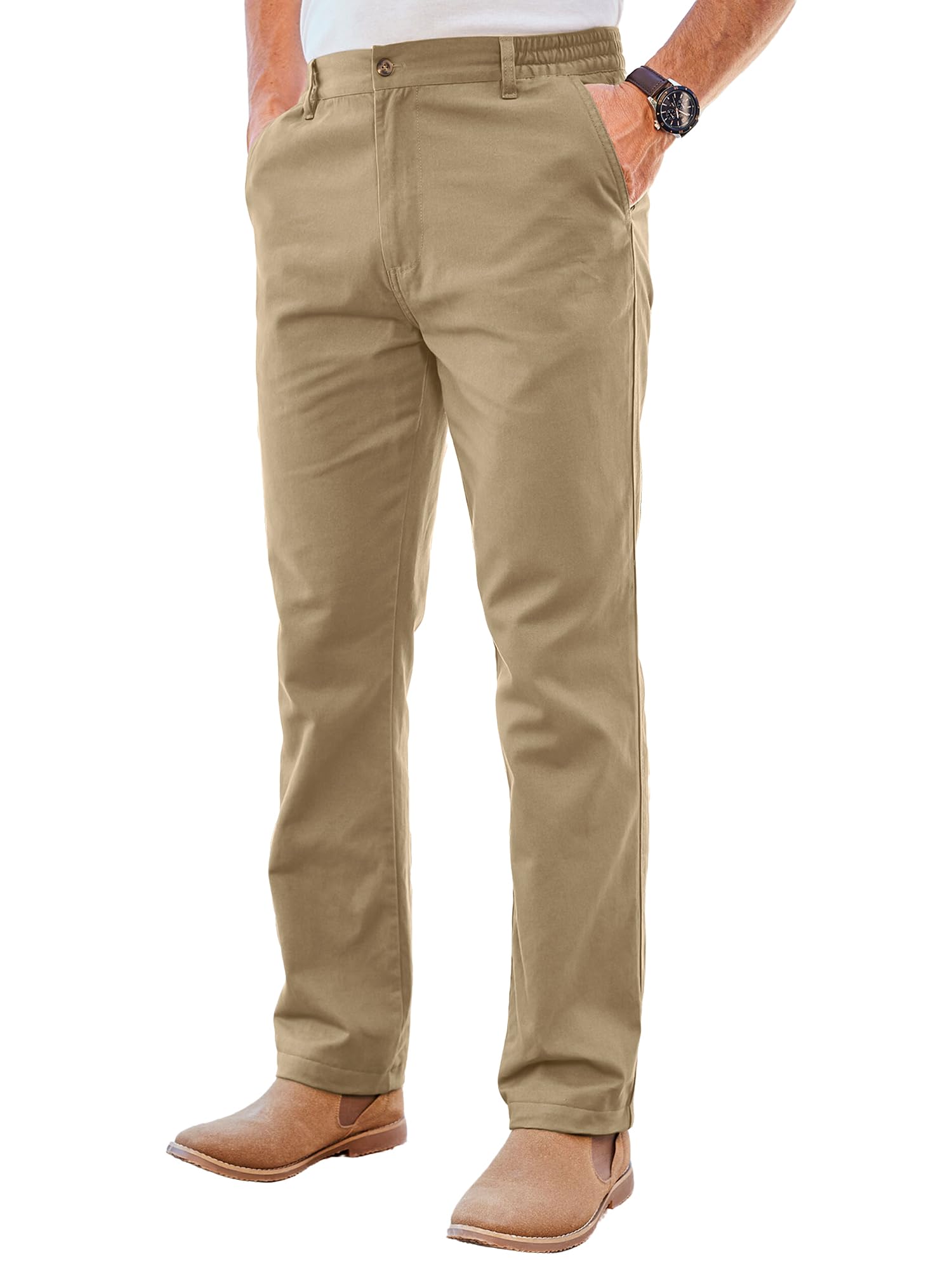 PLEPAN Men's Chino Pants Khaki - Stretch Waist Slim Fit Casual Trousers for Work