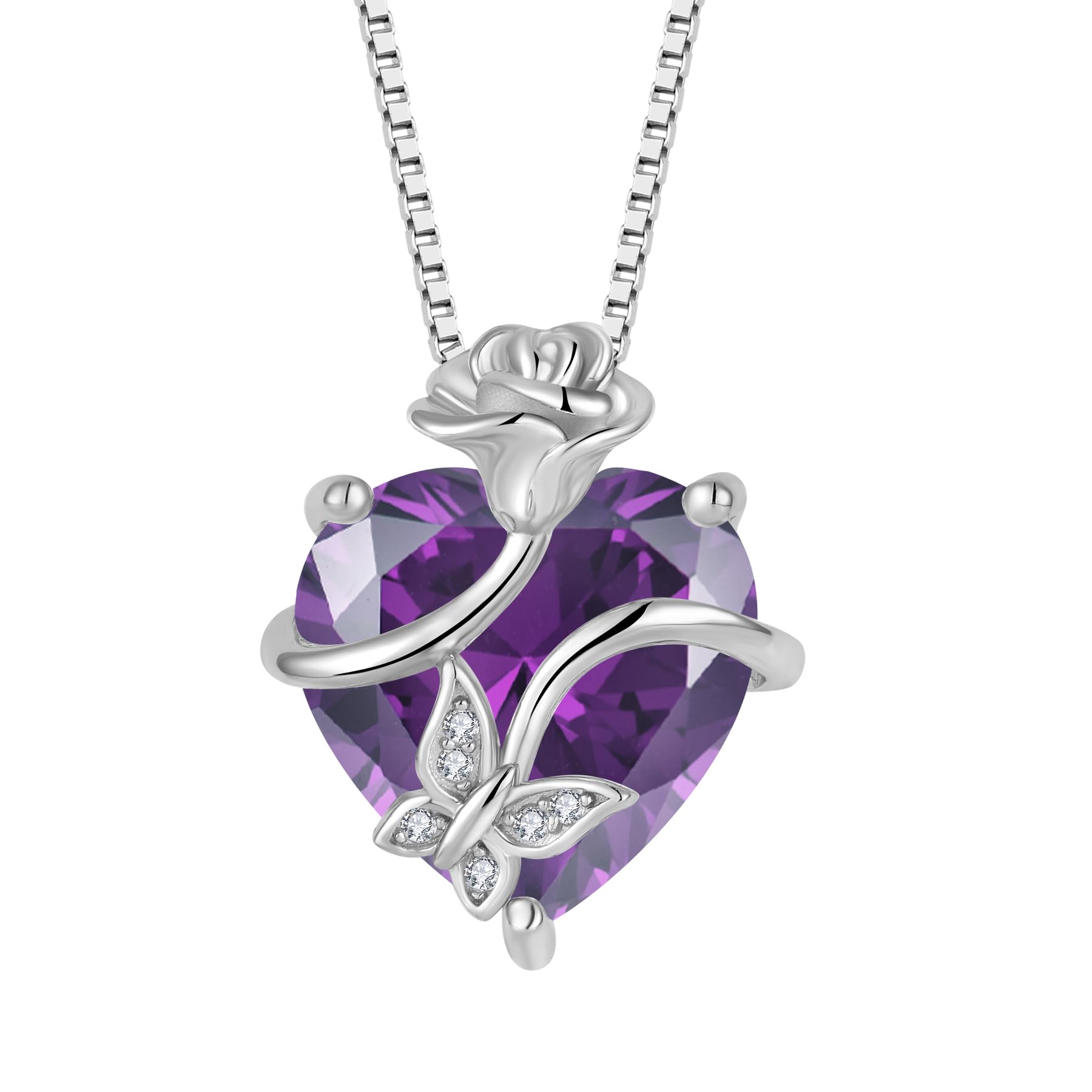 FJ Heart Butterfly Birthstone Necklace 925 Sterling Silver Rose Flower Pendant Necklace Jewelry Gifts for Women Wife Mom