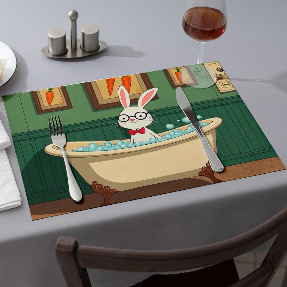 Set de table lapin rose à lunettes : lot de 6 protections lavables pour repas