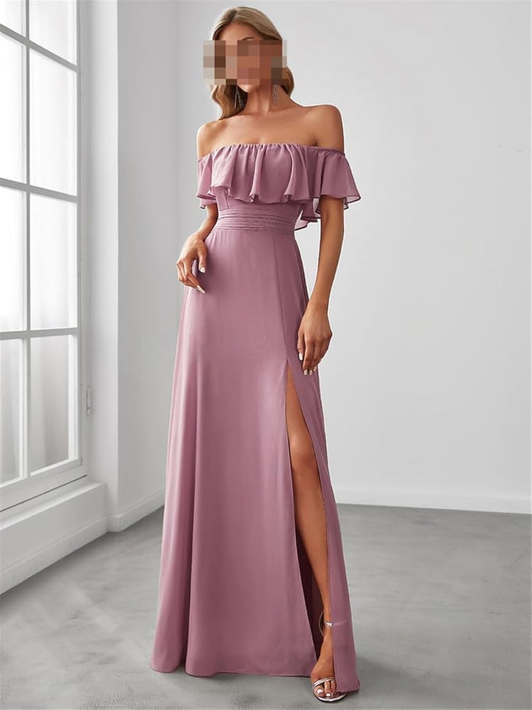 Amazon.com: Womens Off Shoulder Ruffle Evening Dress Thigh Split Bridesmaid  Dresses Black 8#Floor Length : Clothing, Shoes & Jewelry